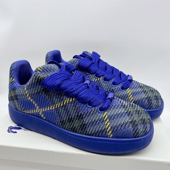 Burberry Box Knit Low Up Men’s Sneakers Blue Check Lace Up EU 45 US 12 - Picture 4 of 12